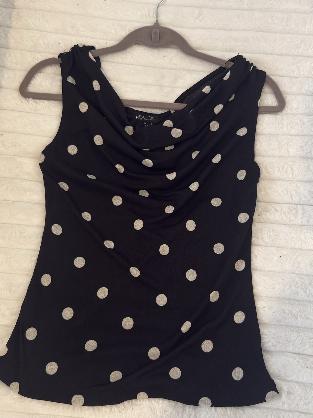Polka Dot Cowl Neck Sleeveless Top - Black with Silver Dots